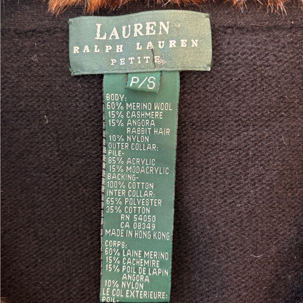 Vintage Ralph Lauren Black Wool Cashmere Angora Faux Fur Collar Cardigan SP - Picture 5 of 7